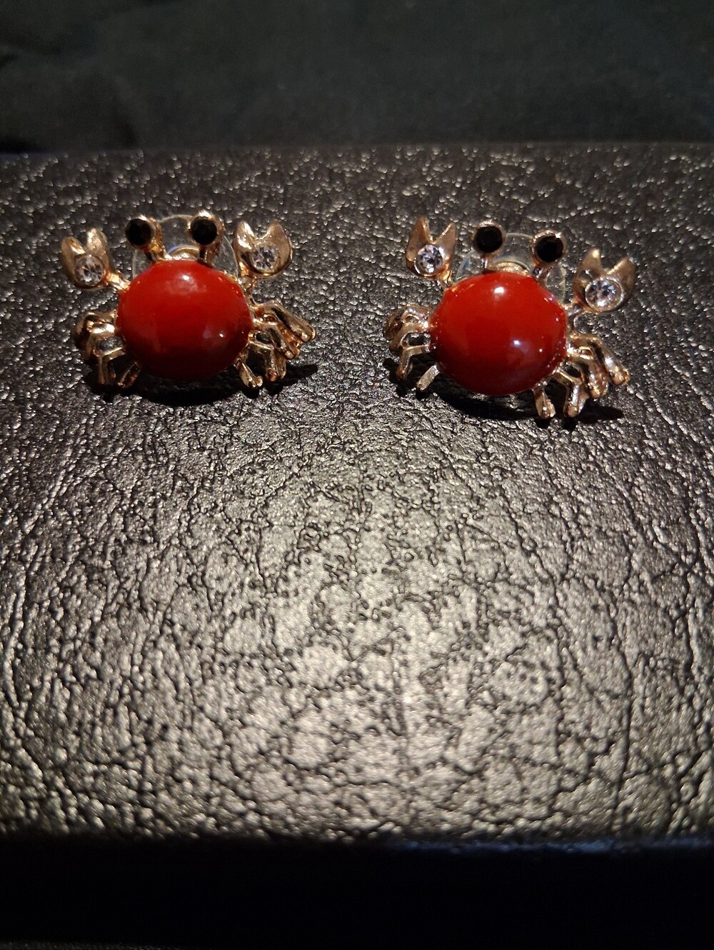 Gold Crab Stud Earrings with Red Stone